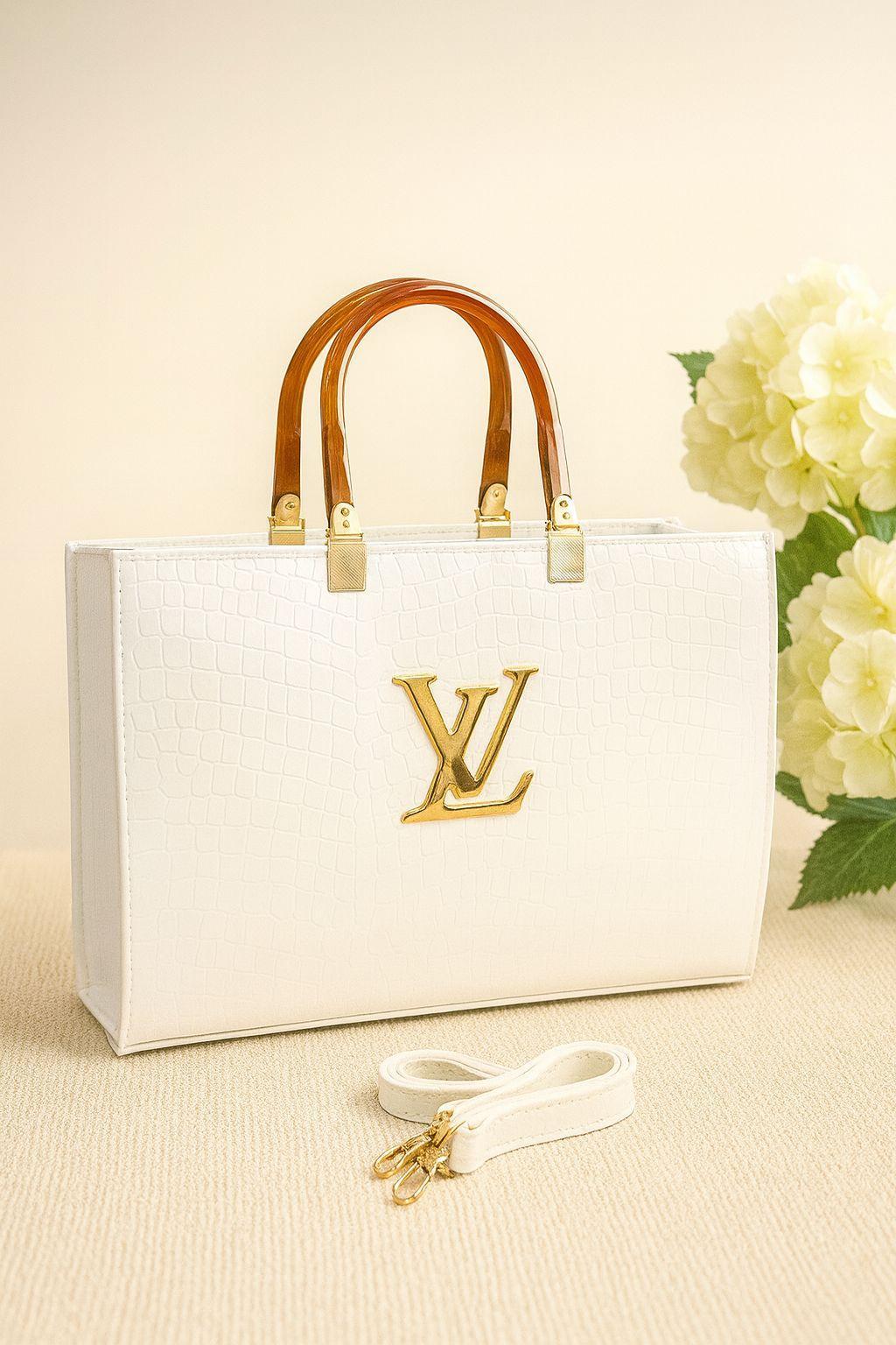 Croc Embossed Tote Bag - V Logo Gold Handle Shoulder Bag