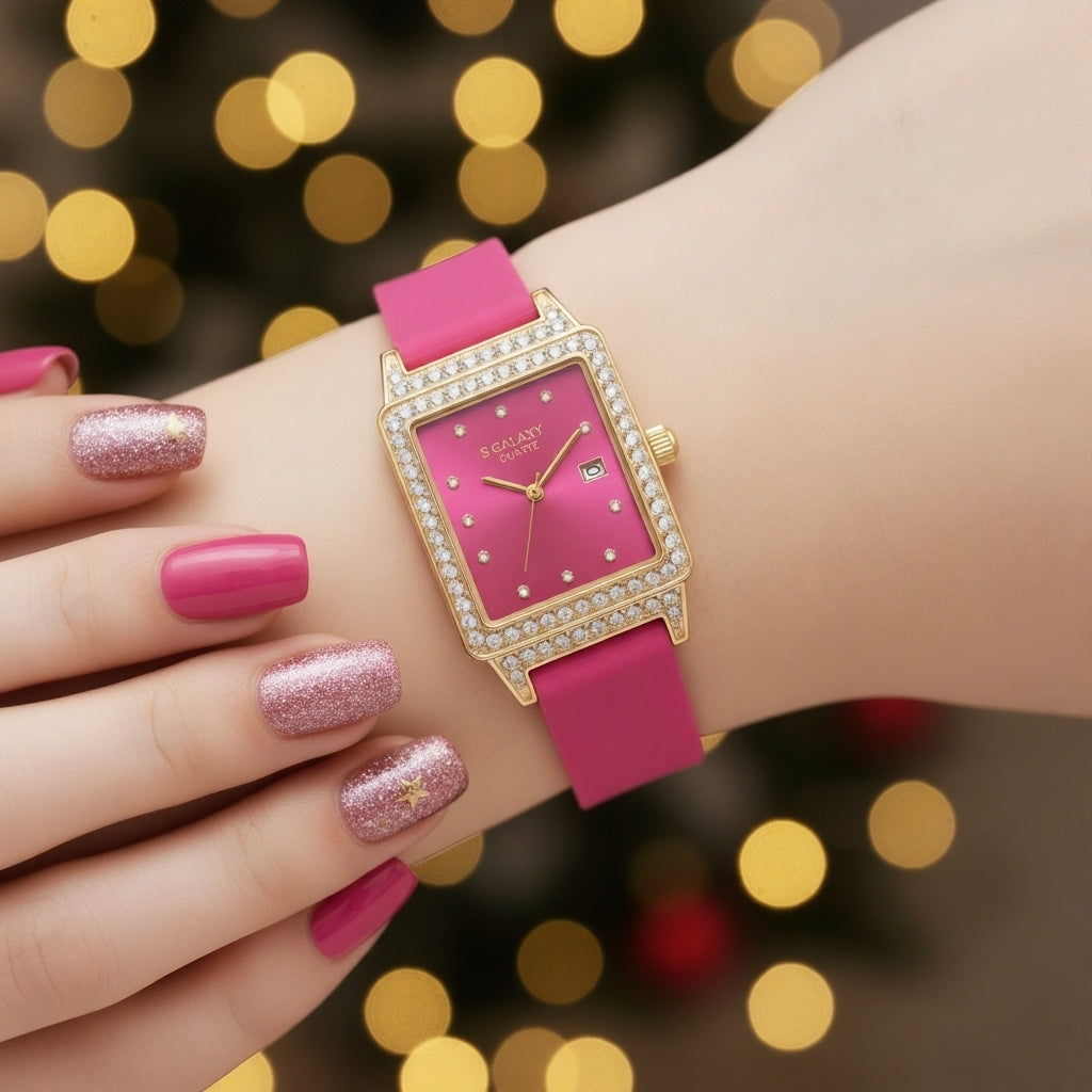 Women's Diamond Rectangle Watch - Colorful Silicone Strap Set