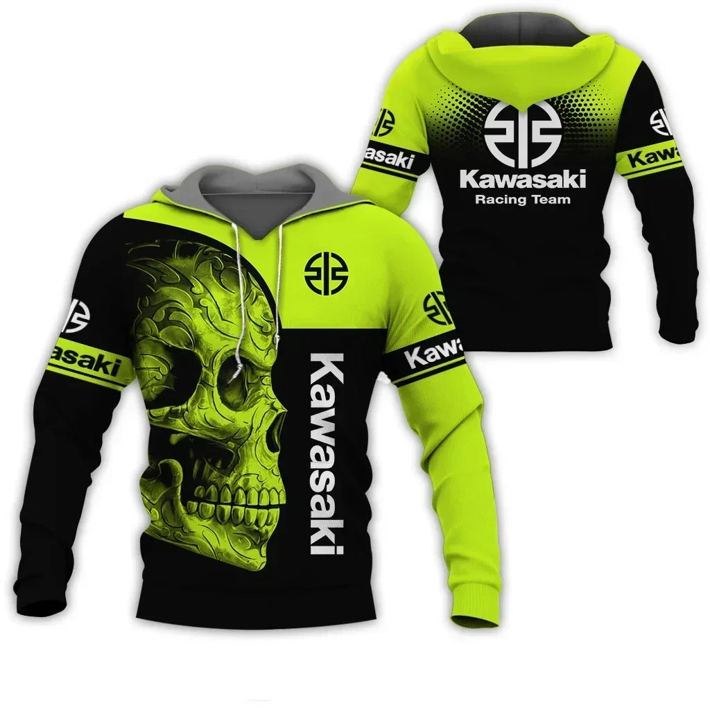 2025 New Men's Sports and Leisure Wear 3D Printed Kawasaki Hoodie Street Racing Suit Adventure Motorcycle Fashion Large Size