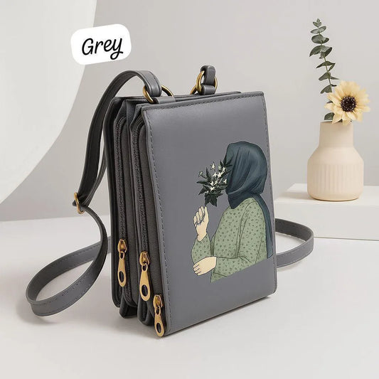 Hijab Girl Graphic Crossbody Phone Bag - Multi-Zipper Wallet