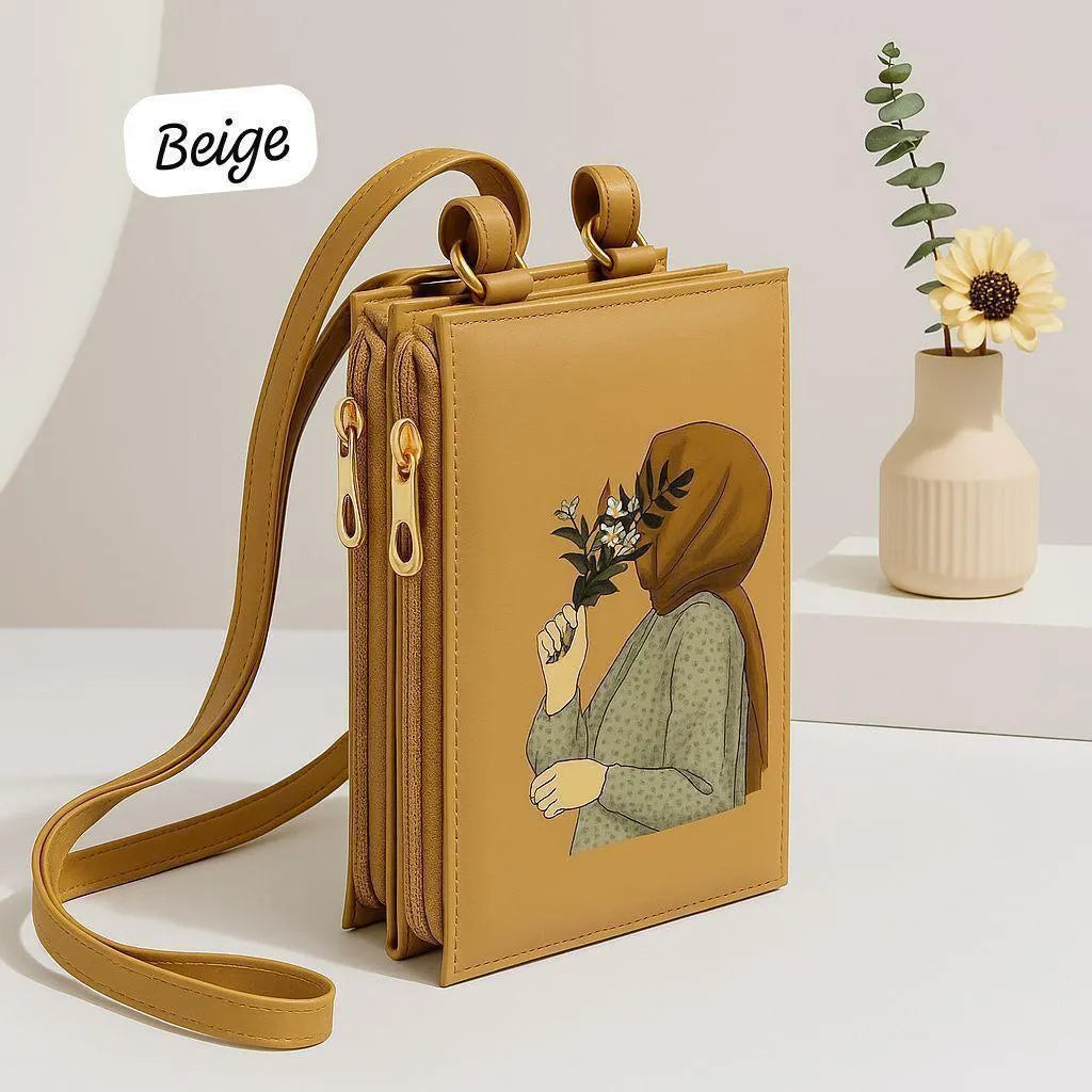 Hijab Girl Graphic Crossbody Phone Bag - Multi-Zipper Wallet