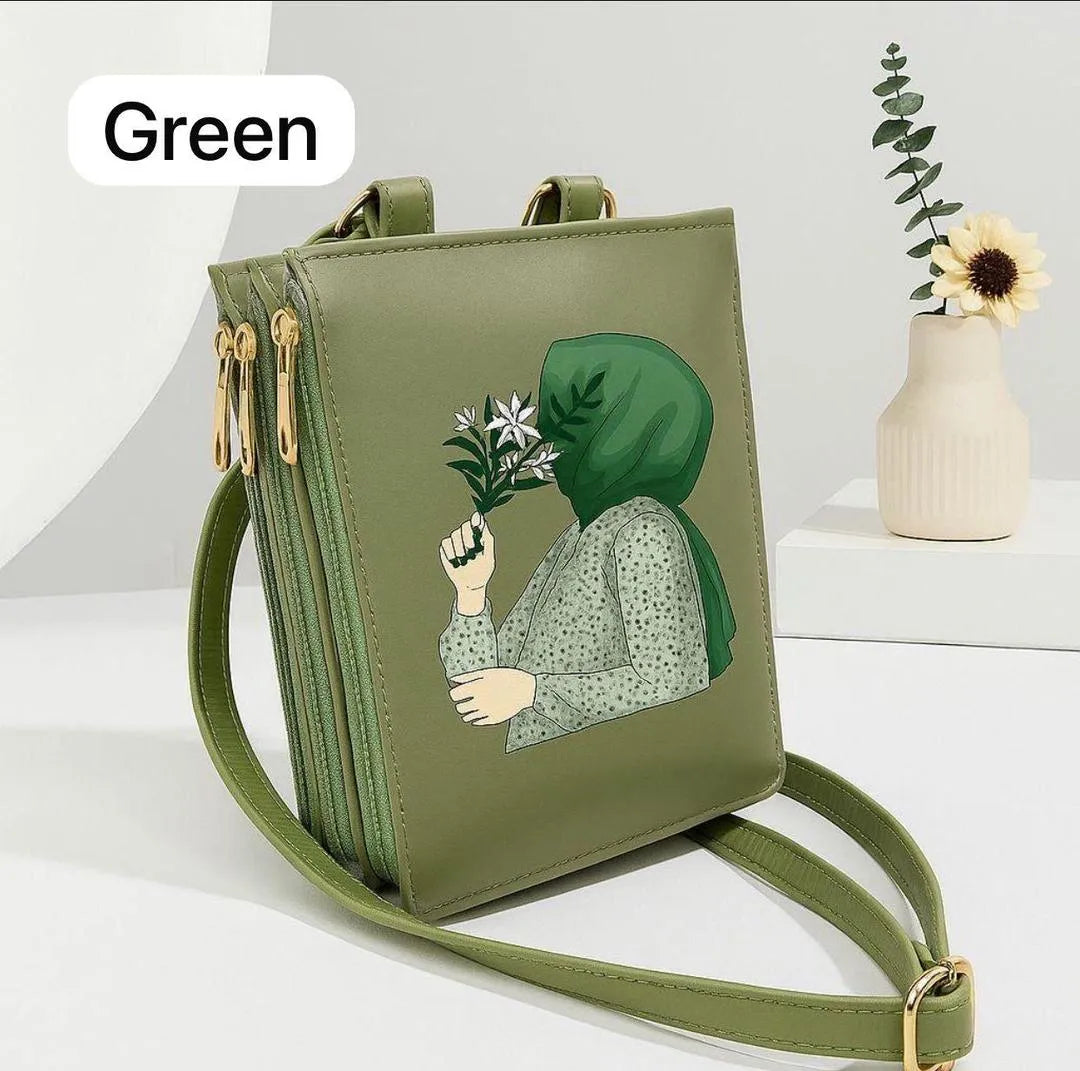 Hijab Girl Graphic Crossbody Phone Bag - Multi-Zipper Wallet