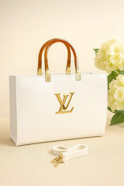 Croc Embossed Tote Bag - V Logo Gold Handle Shoulder Bag