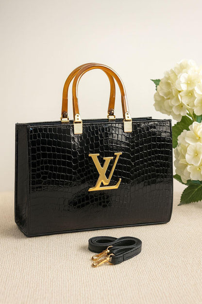 Croc Embossed Tote Bag - V Logo Gold Handle Shoulder Bag