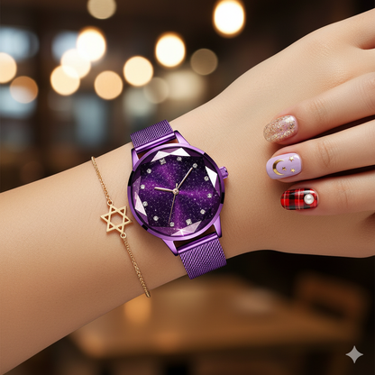Women's Purple Magnetic Watch - Starry Sky Dial Mesh Strap