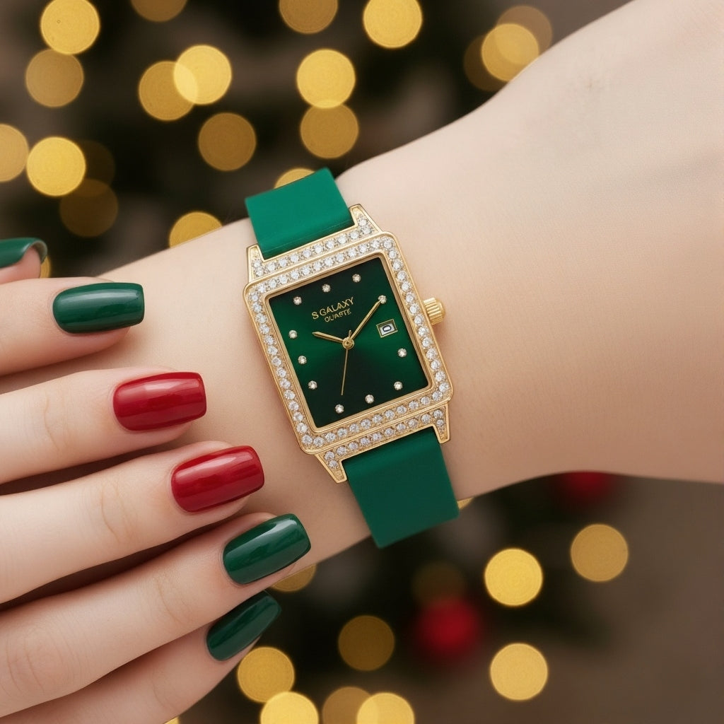 Women's Diamond Rectangle Watch - Colorful Silicone Strap Set