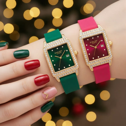 Women's Diamond Rectangle Watch - Colorful Silicone Strap Set