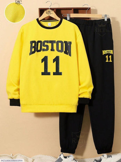 Yellow 'BOSTON 11' Sweatshirt & pajama Set - Men's Tracksuit