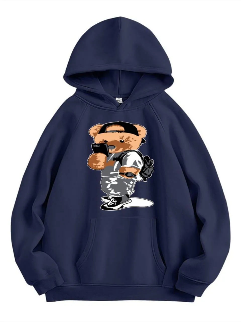 Dark Blue Streetwear Bear Graphic Hoodie - Hip Hop Style