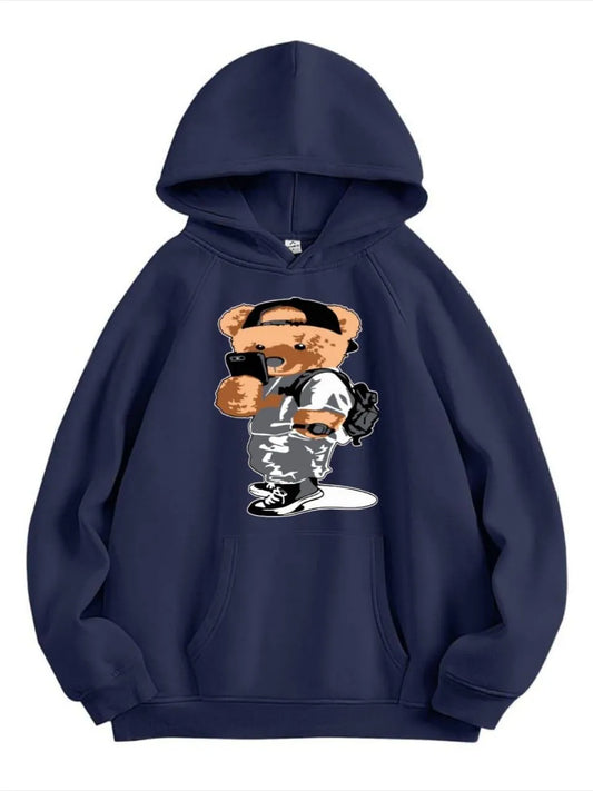 Dark Blue Streetwear Bear Graphic Hoodie - Hip Hop Style