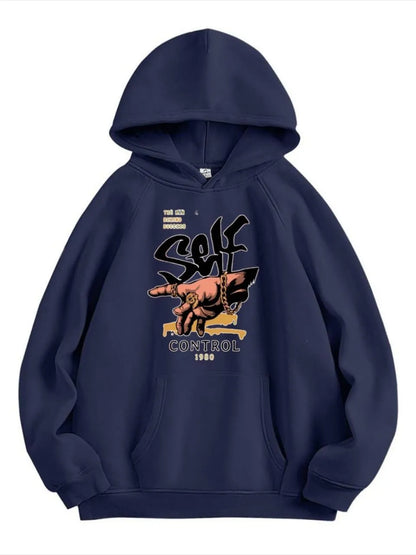 Dark Blue "Self Control" Graphic Hoodie - Streetwear Pullover