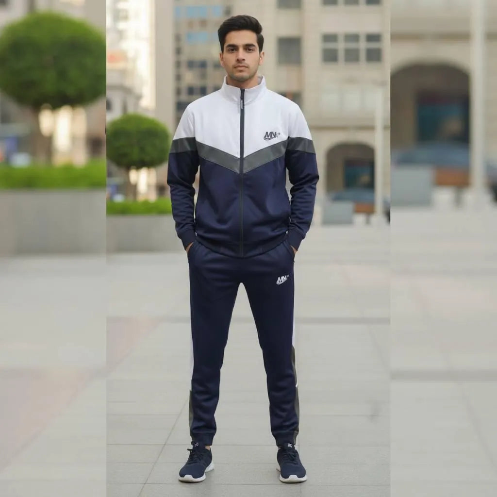 Men's Fleece Zipper Track Suit - 2 Pcs Blue Printed Set