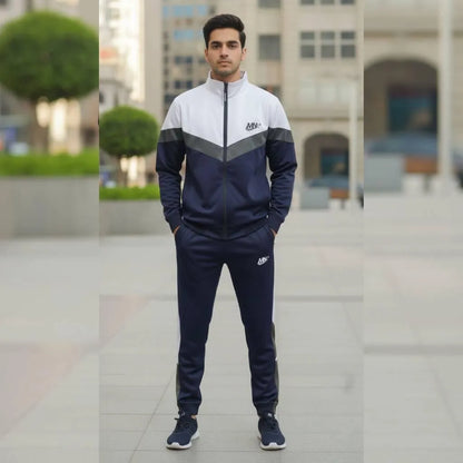Men's Fleece Zipper Track Suit - 2 Pcs Blue Printed Set