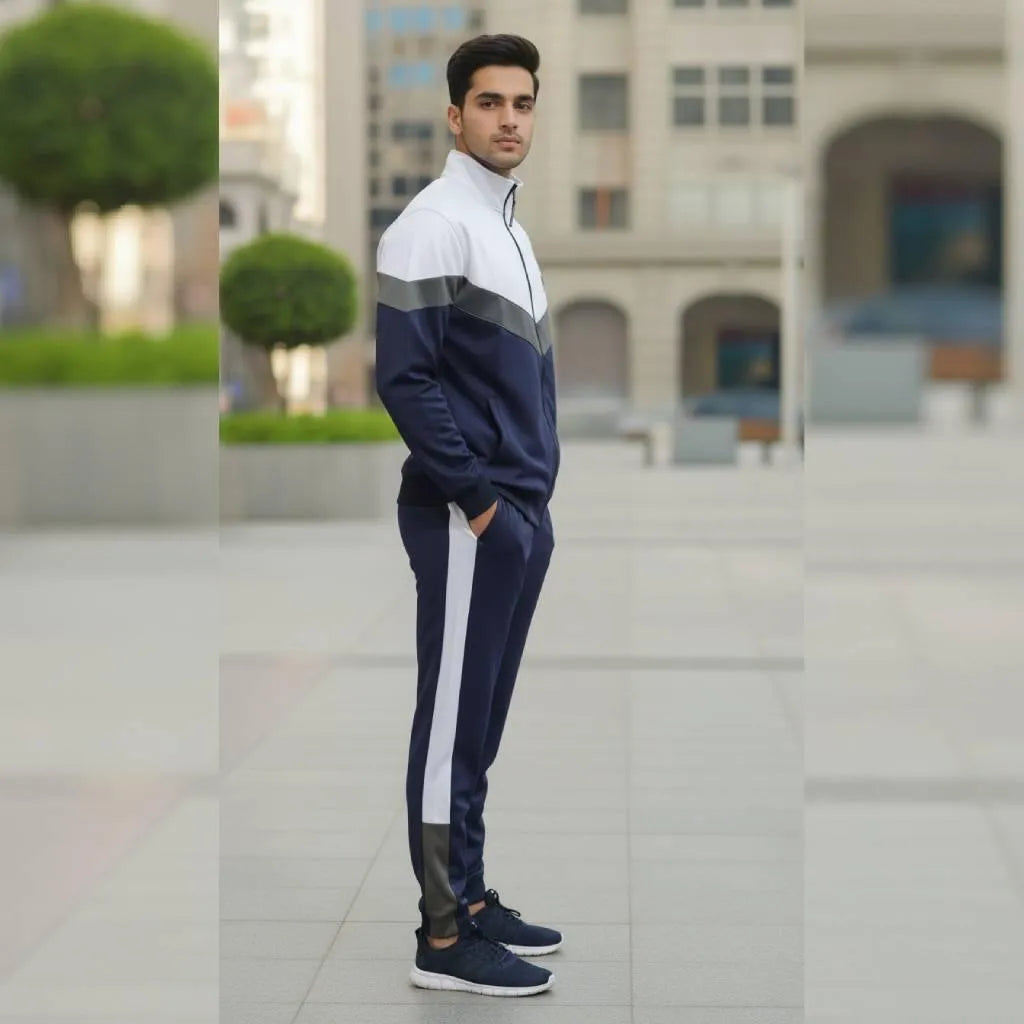 Men's Fleece Zipper Track Suit - 2 Pcs Blue Printed Set