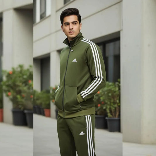 Men's Fleece Zipper Track Suit - 2 Pcs in Green, Plain Pattern