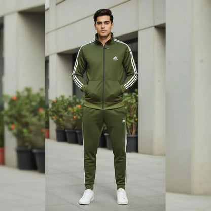 Men's Fleece Zipper Track Suit - 2 Pcs in Green, Plain Pattern