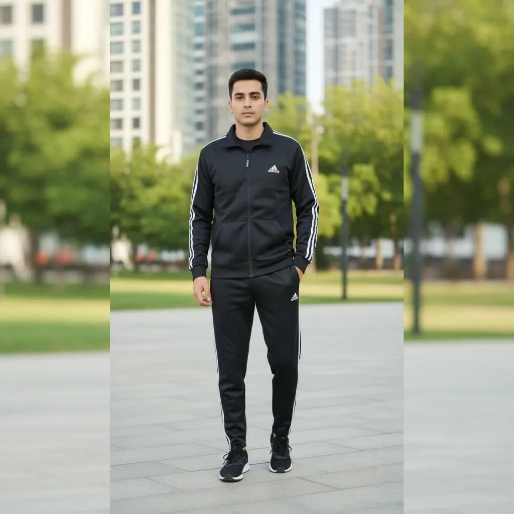 Men's Fleece Zipper Track Suit - 2 Pcs in Classic Black