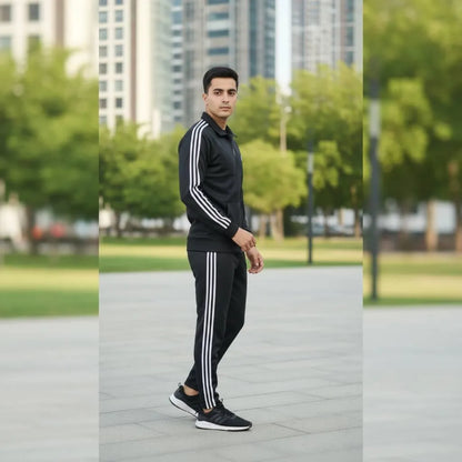Men's Fleece Zipper Track Suit - 2 Pcs in Classic Black