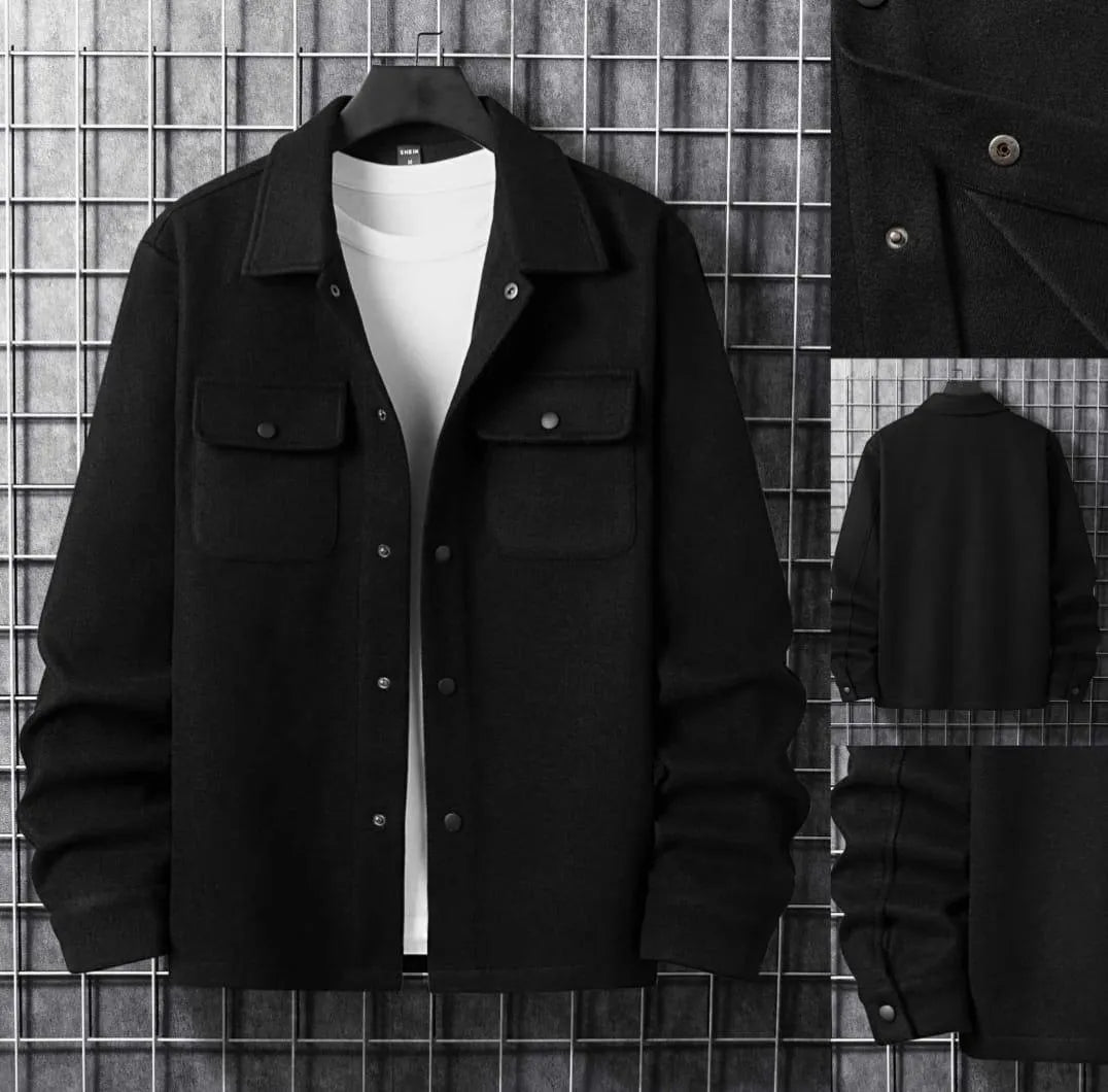 Men's Black Shacket | Casual Wool-Blend Shirt Jacket