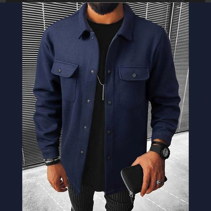 Men's Navy Blue Overshirt Jacket - Casual Flannel Shacket