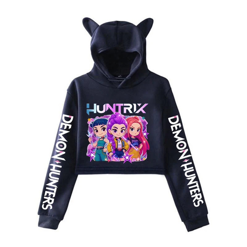 New KPop Demon Hunters Cat Ears Cropped Hoodie Long Sleeve Cartoon Mira Rumi Zoey Printing Sweatshirt Crop Top Women's Hoodies