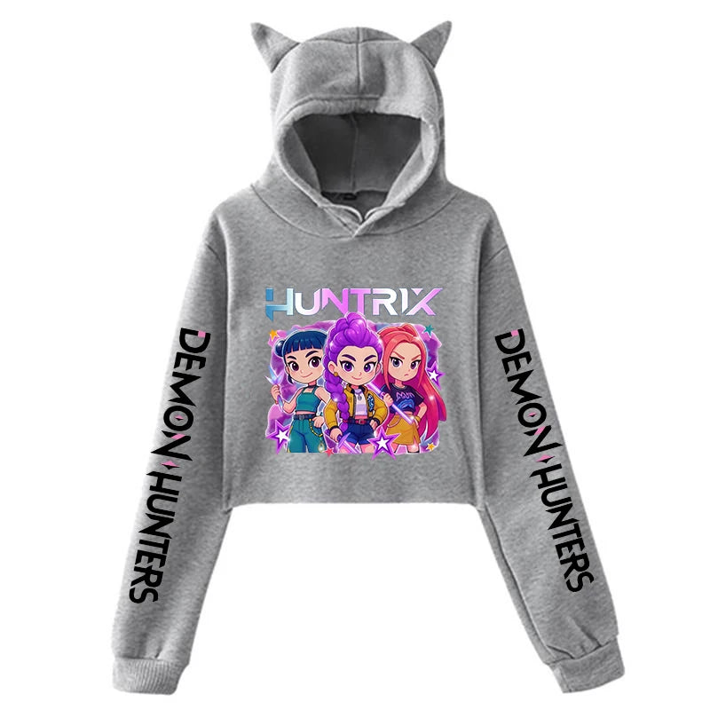 New KPop Demon Hunters Cat Ears Cropped Hoodie Long Sleeve Cartoon Mira Rumi Zoey Printing Sweatshirt Crop Top Women's Hoodies