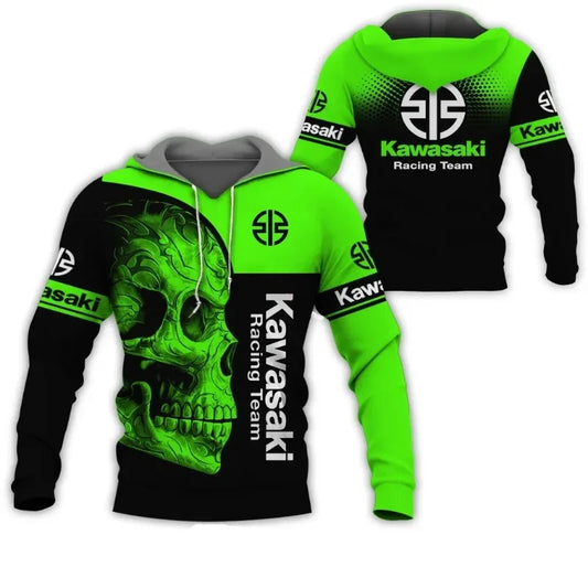 2025 New Men's Sports and Leisure Wear 3D Printed Kawasaki Hoodie Street Racing Suit Adventure Motorcycle Fashion Large Size