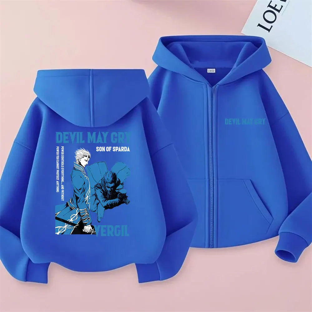 Anime Devil May Cry Son of Sparda Vergil Zipper Hoodie Men Women Cartoon Oversized Zip Up Jacket Coat Male Fashion Streetwear