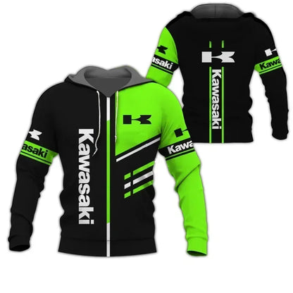 2025 New Men's Sports and Leisure Wear 3D Printed Kawasaki Hoodie Street Racing Suit Adventure Motorcycle Fashion Large Size