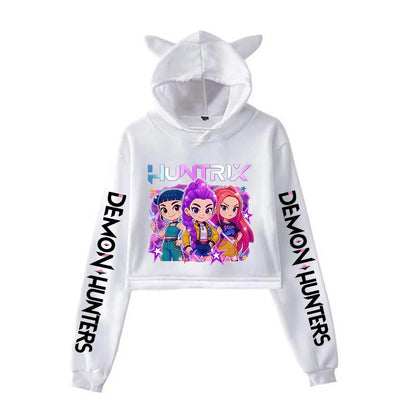 New KPop Demon Hunters Cat Ears Cropped Hoodie Long Sleeve Cartoon Mira Rumi Zoey Printing Sweatshirt Crop Top Women's Hoodies