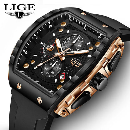 LIGE Top Brand Luxury Mens Watches Waterproof Sports Watch Silicone Strap Chronograph Quartz Wristwatch Relogios Masculino+BOX