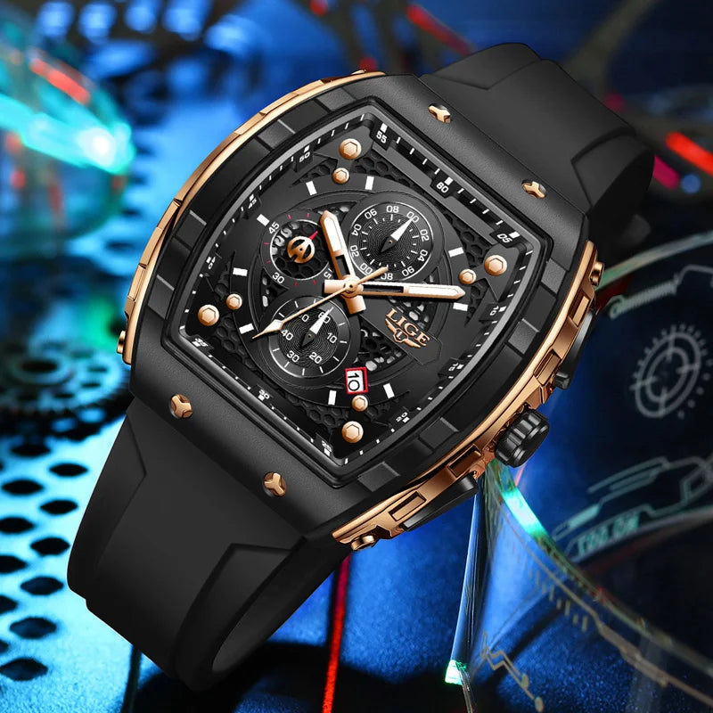 LIGE Top Brand Luxury Mens Watches Waterproof Sports Watch Silicone Strap Chronograph Quartz Wristwatch Relogios Masculino+BOX