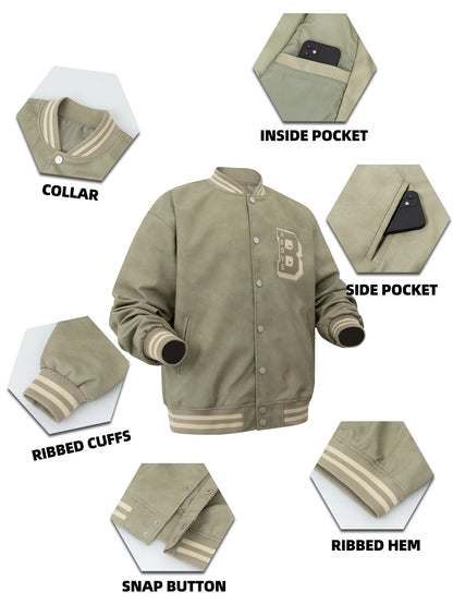 Mens Faux Leather Bomber Jacket Vintage Baseball Collar Letterman Long Sleeve Loose Coats Casual Streetwear For Mens