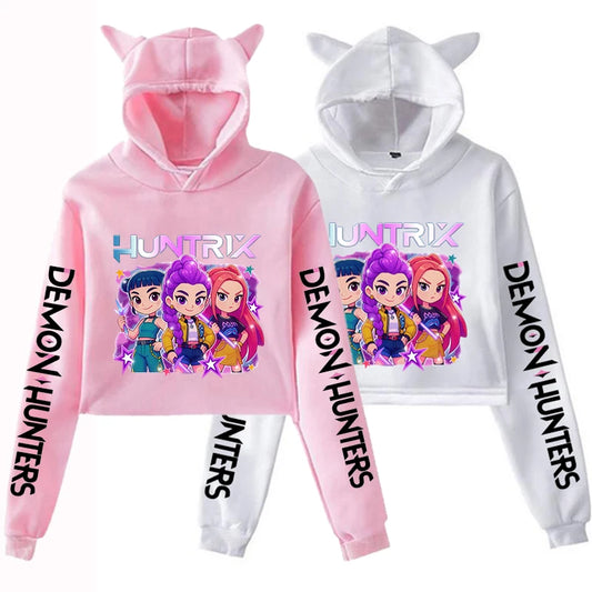 New KPop Demon Hunters Cat Ears Cropped Hoodie Long Sleeve Cartoon Mira Rumi Zoey Printing Sweatshirt Crop Top Women's Hoodies