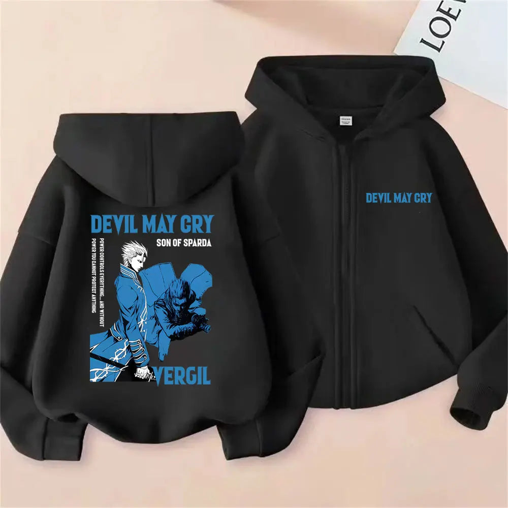 Anime Devil May Cry Son of Sparda Vergil Zipper Hoodie Men Women Cartoon Oversized Zip Up Jacket Coat Male Fashion Streetwear