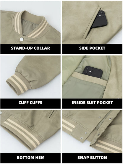 Mens Faux Leather Bomber Jacket Vintage Baseball Collar Letterman Long Sleeve Loose Coats Casual Streetwear For Mens