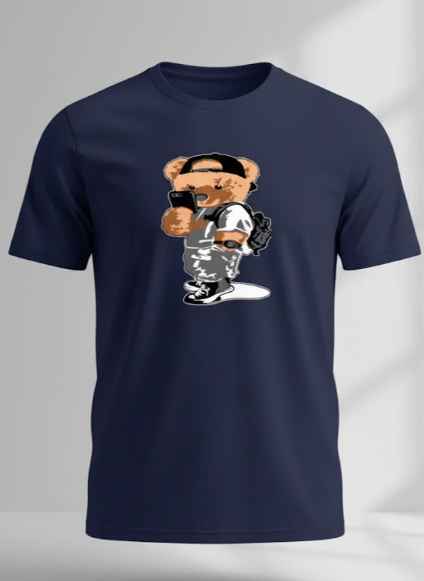 Dark Blue Streetwear Bear Graphic Hoodie - Hip Hop Style