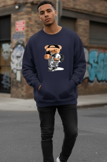 Dark Blue Streetwear Bear Graphic Hoodie - Hip Hop Style