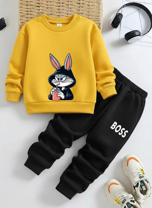 2 pieces girls fleece printed tracksuit