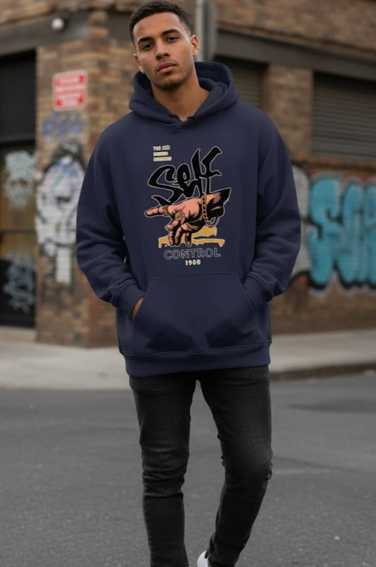 Dark Blue "Self Control" Graphic Hoodie - Streetwear Pullover